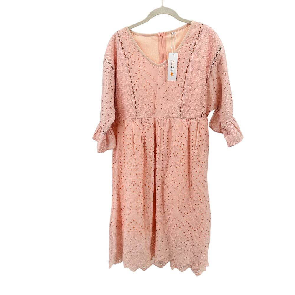 Petal Lush Eyelet Elbow Sleeve Peasant Knee Length Dress 2 Pink Ruffle Babydoll